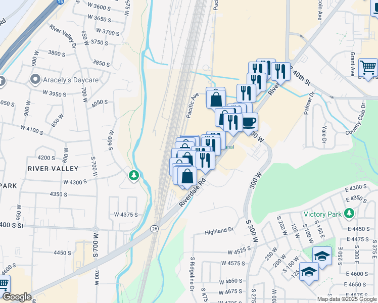 map of restaurants, bars, coffee shops, grocery stores, and more near 4185 Riverdale Road in Riverdale