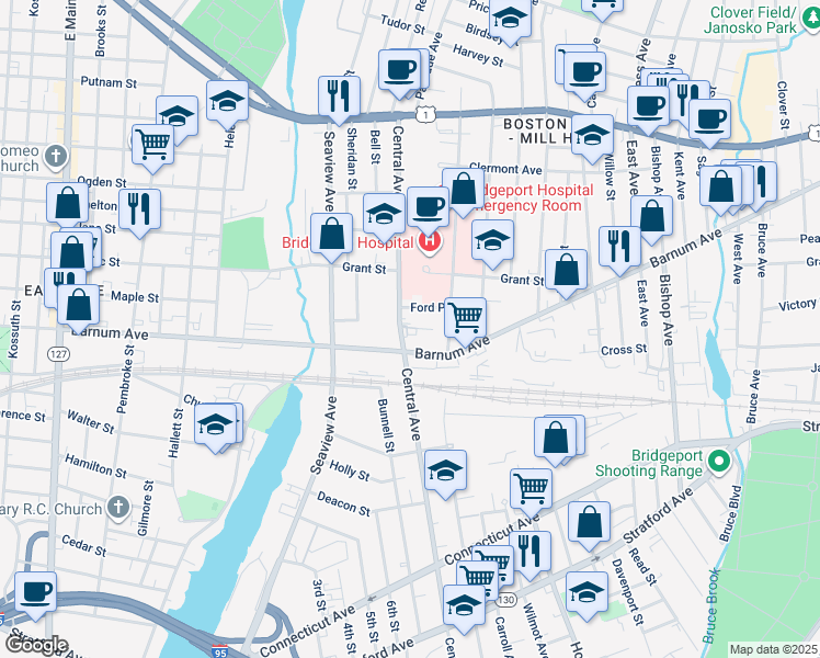 map of restaurants, bars, coffee shops, grocery stores, and more near 1466 Central Avenue in Bridgeport