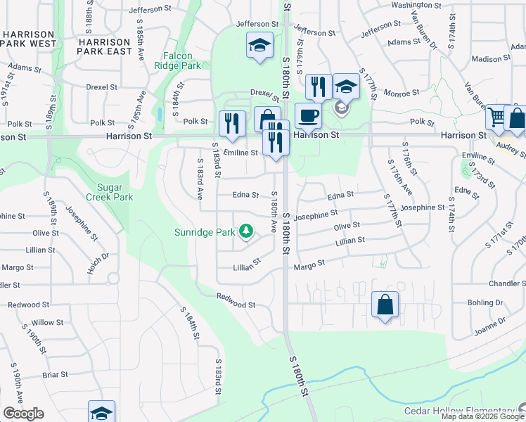map of restaurants, bars, coffee shops, grocery stores, and more near 18012 Josephine Street in Omaha