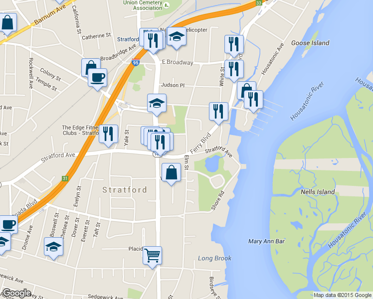 map of restaurants, bars, coffee shops, grocery stores, and more near 1925 Elm Street in Stratford