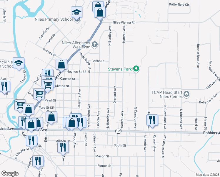 map of restaurants, bars, coffee shops, grocery stores, and more near 423 North Bentley Avenue in Niles