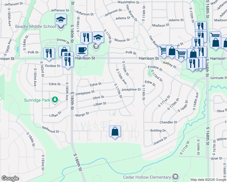 map of restaurants, bars, coffee shops, grocery stores, and more near 17718 Olive Street in Omaha