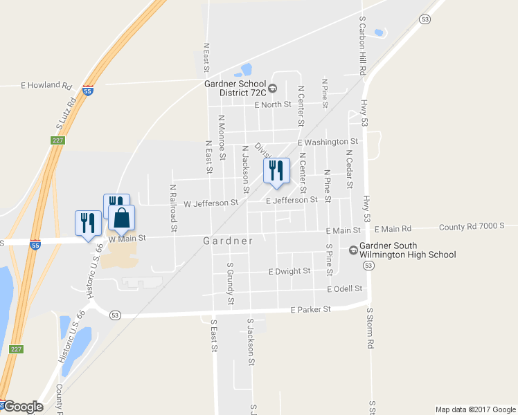 map of restaurants, bars, coffee shops, grocery stores, and more near 108 East Jefferson Street in Gardner