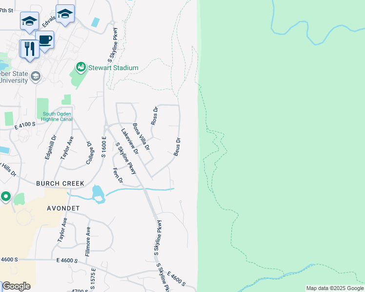 map of restaurants, bars, coffee shops, grocery stores, and more near 4160 Beus Drive in Ogden