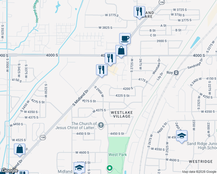 map of restaurants, bars, coffee shops, grocery stores, and more near 2877 West 4200 South in Roy