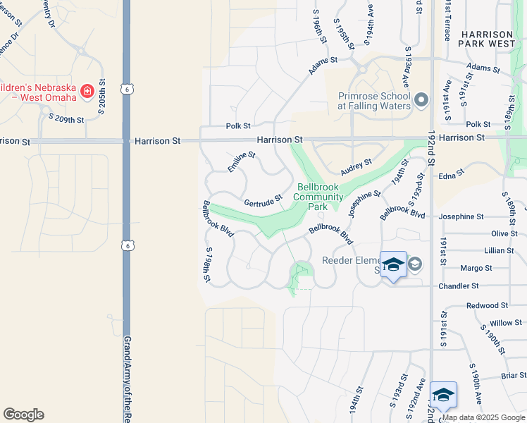 map of restaurants, bars, coffee shops, grocery stores, and more near 19845 Gertrude Street in Gretna