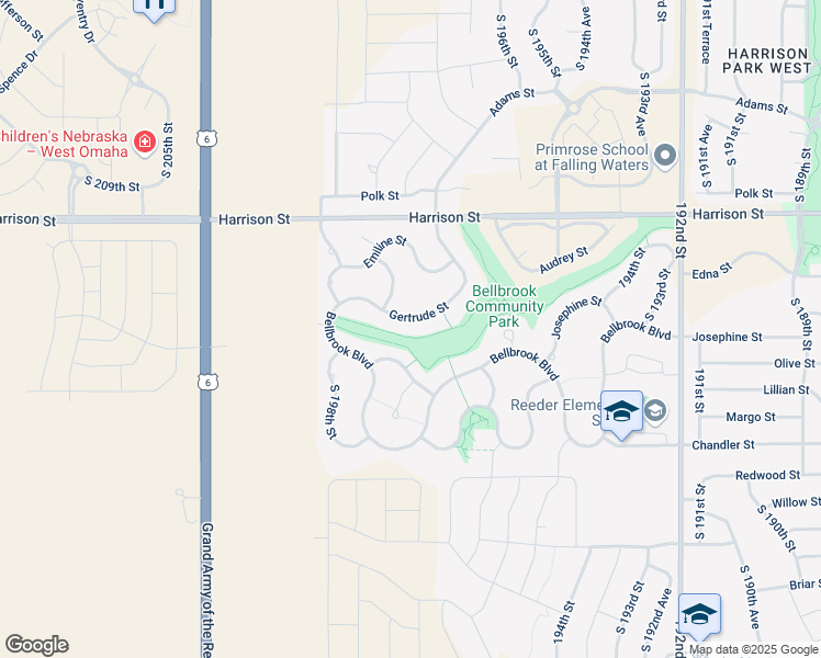 map of restaurants, bars, coffee shops, grocery stores, and more near 19845 Gertrude Street in Gretna