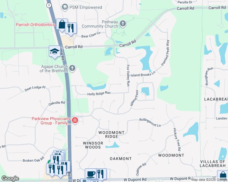 map of restaurants, bars, coffee shops, grocery stores, and more near 1222 Holly Ridge Run in Fort Wayne
