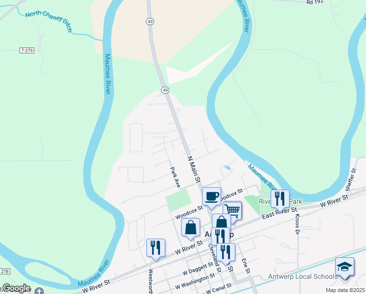 map of restaurants, bars, coffee shops, grocery stores, and more near 509 North Main Street in Antwerp