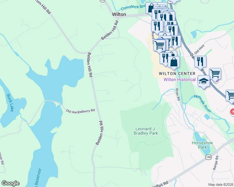 map of restaurants, bars, coffee shops, grocery stores, and more near 128 Belden Hill Road in Wilton