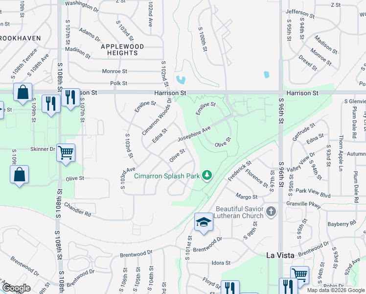 map of restaurants, bars, coffee shops, grocery stores, and more near 10130 Olive Street in La Vista