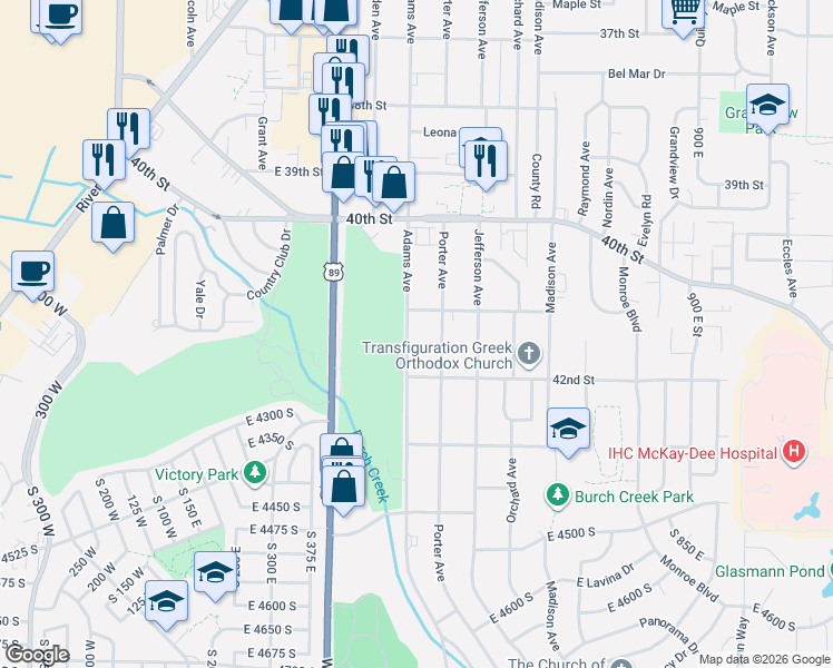 map of restaurants, bars, coffee shops, grocery stores, and more near 4136 South Adams Avenue in Washington Terrace