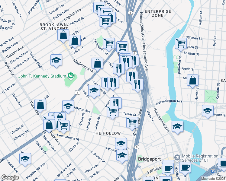 map of restaurants, bars, coffee shops, grocery stores, and more near 166 George Street in Bridgeport