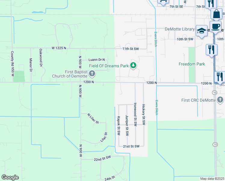 map of restaurants, bars, coffee shops, grocery stores, and more near 8821 County Road 1200 in De Motte