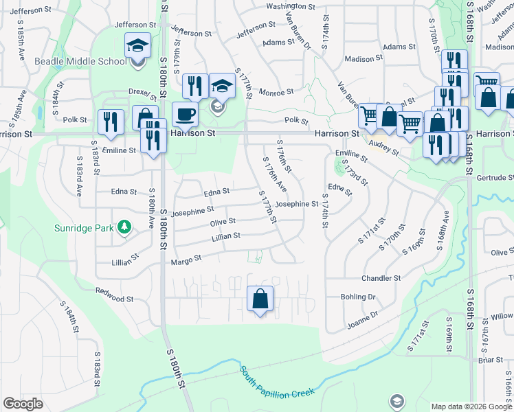 map of restaurants, bars, coffee shops, grocery stores, and more near 17718 Olive Street in Omaha