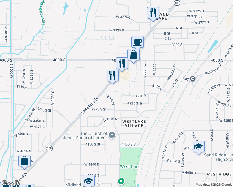 map of restaurants, bars, coffee shops, grocery stores, and more near 2877 West 4200 South in Roy