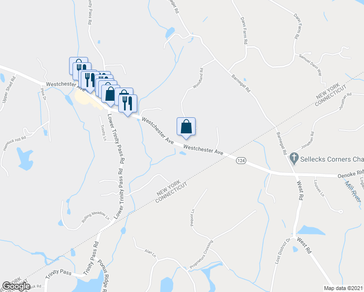 map of restaurants, bars, coffee shops, grocery stores, and more near 24 Westchester Avenue in Pound Ridge