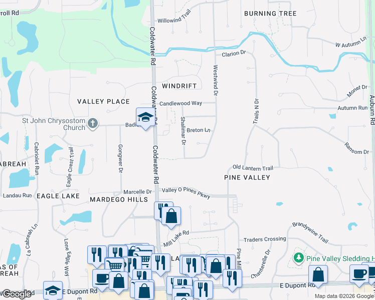 map of restaurants, bars, coffee shops, grocery stores, and more near 927 Wingate Drive in Fort Wayne