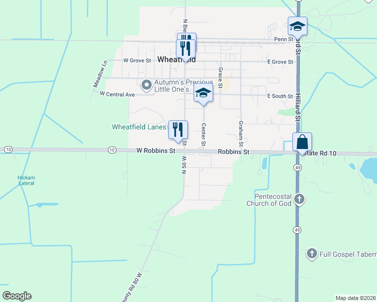 map of restaurants, bars, coffee shops, grocery stores, and more near State Road 10 in Wheatfield