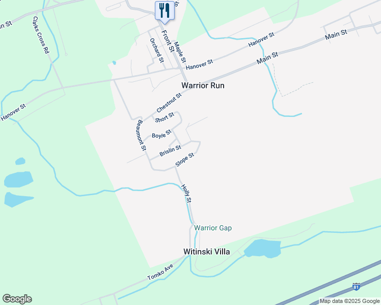 map of restaurants, bars, coffee shops, grocery stores, and more near 309 Slope Street in Warrior Run