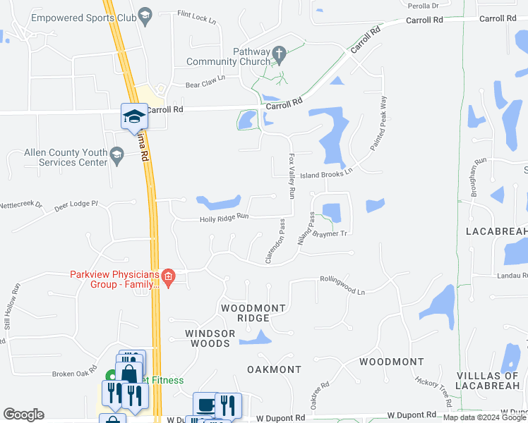 map of restaurants, bars, coffee shops, grocery stores, and more near 1222 Holly Ridge Run in Fort Wayne