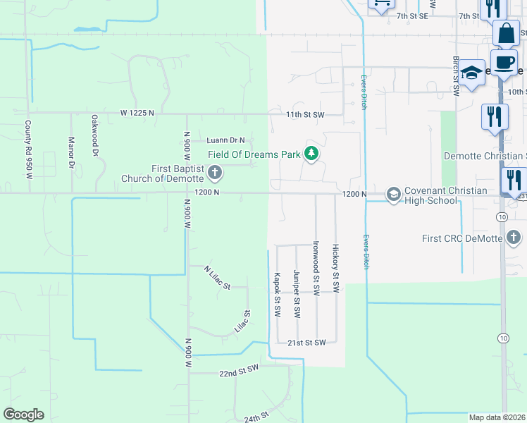 map of restaurants, bars, coffee shops, grocery stores, and more near 8821 County Road 1200 in De Motte