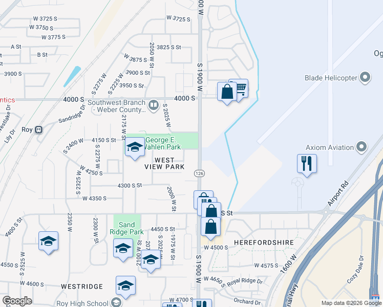 map of restaurants, bars, coffee shops, grocery stores, and more near 4203 South 1900 West in Roy