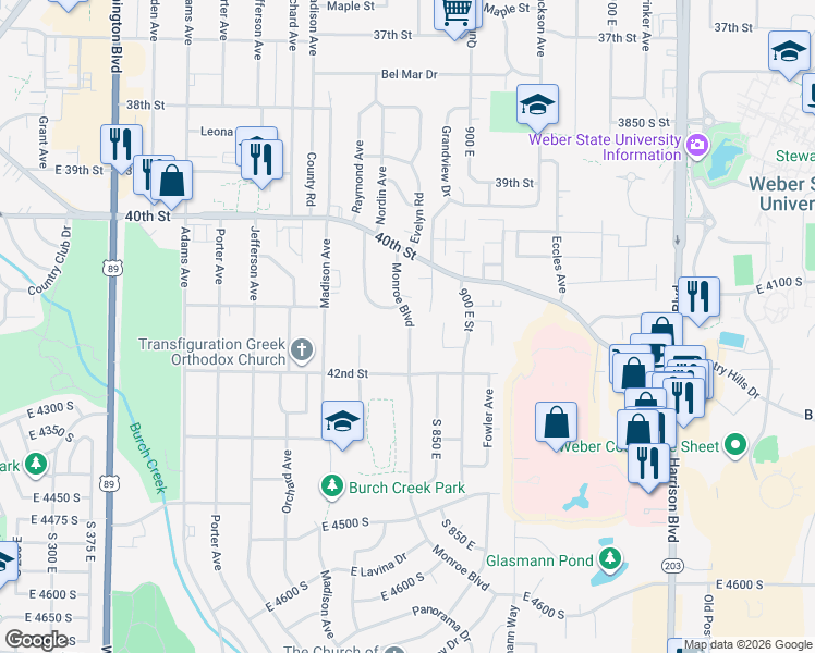 map of restaurants, bars, coffee shops, grocery stores, and more near 4169 Monroe Boulevard in Ogden