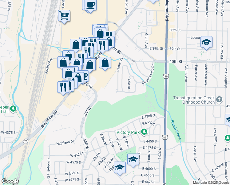 map of restaurants, bars, coffee shops, grocery stores, and more near 149 Country Club Drive in Ogden