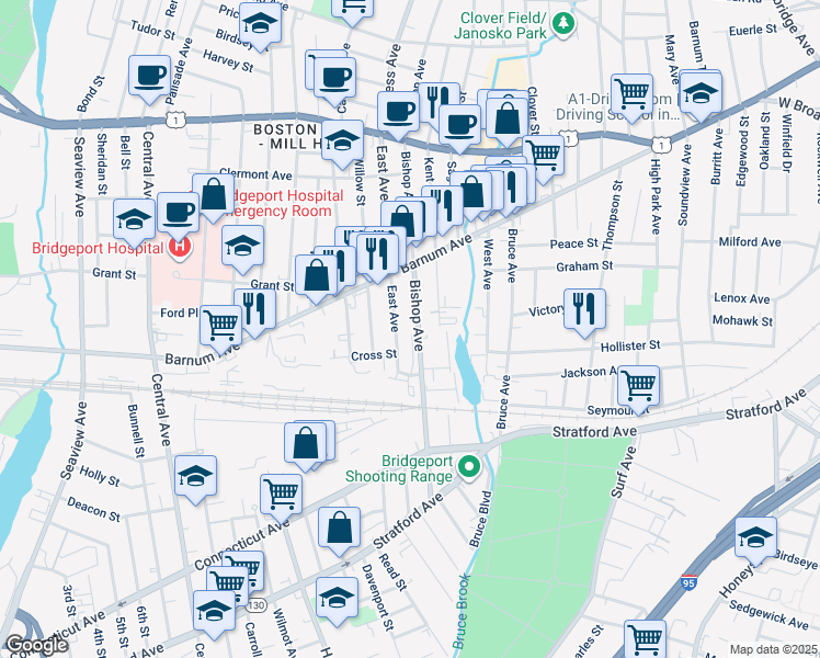 map of restaurants, bars, coffee shops, grocery stores, and more near 75 East Avenue in Bridgeport