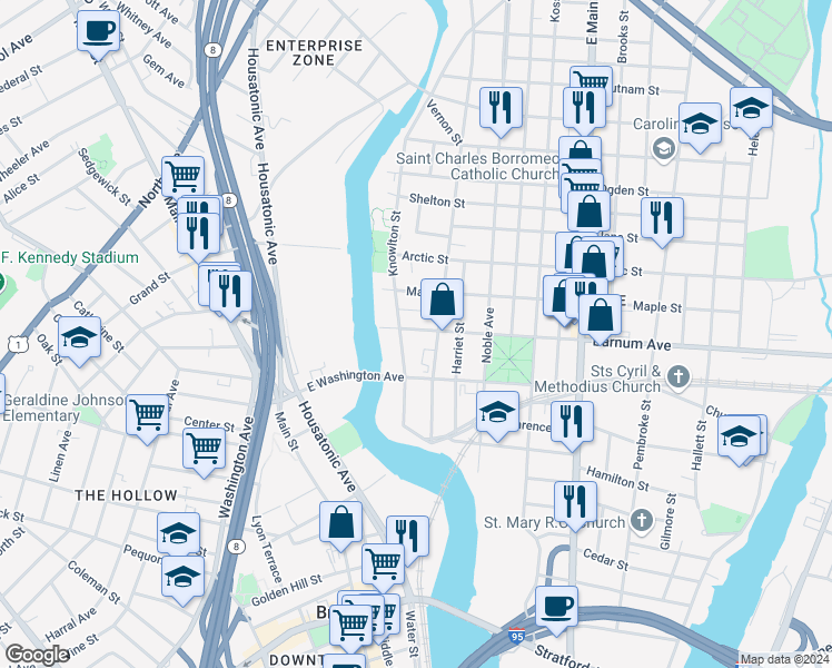 map of restaurants, bars, coffee shops, grocery stores, and more near 179 William Street in Bridgeport