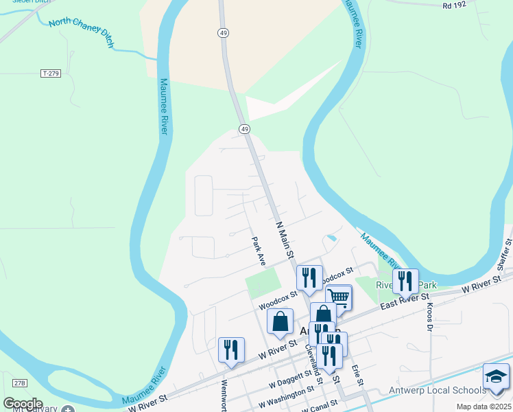 map of restaurants, bars, coffee shops, grocery stores, and more near 509 North Main Street in Antwerp
