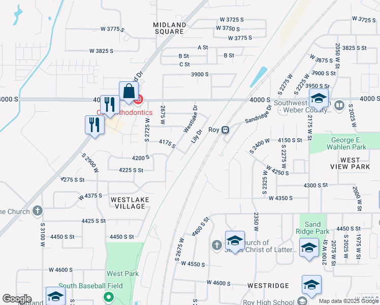 map of restaurants, bars, coffee shops, grocery stores, and more near 4164 Lily Drive in Roy