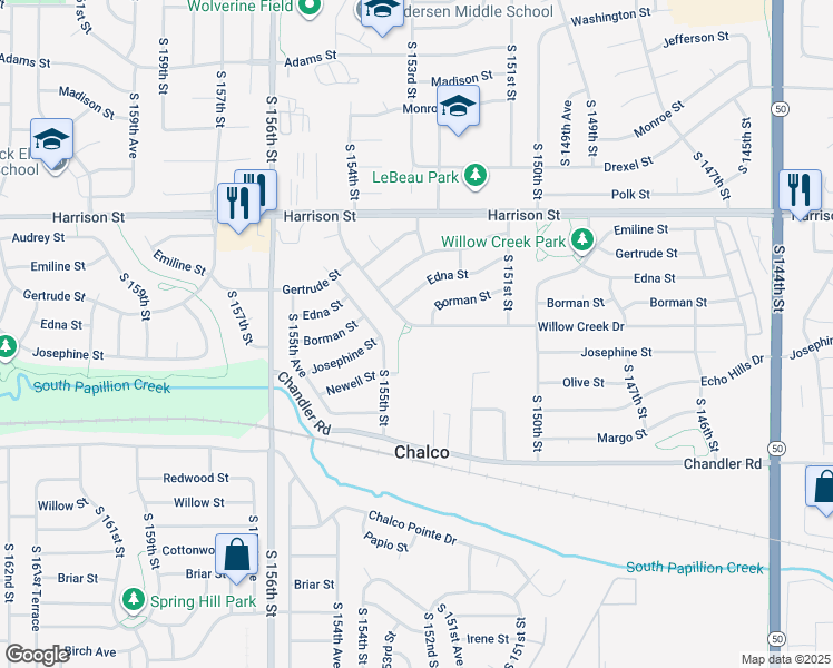map of restaurants, bars, coffee shops, grocery stores, and more near 15209 Willow Creek Drive in Omaha