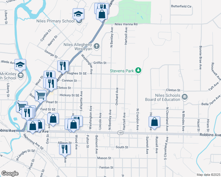 map of restaurants, bars, coffee shops, grocery stores, and more near 500 North Bentley Avenue in Niles