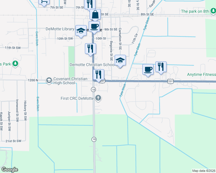 map of restaurants, bars, coffee shops, grocery stores, and more near 205 16th St SE in De Motte
