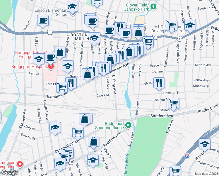 map of restaurants, bars, coffee shops, grocery stores, and more near 104 East Avenue in Bridgeport