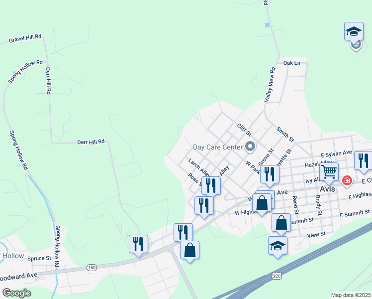 map of restaurants, bars, coffee shops, grocery stores, and more near 416 West Martin Street in Avis