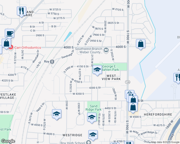 map of restaurants, bars, coffee shops, grocery stores, and more near 4185 2175 West Street in Roy