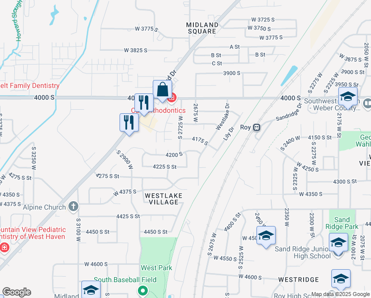 map of restaurants, bars, coffee shops, grocery stores, and more near 2702 West 4200 South in Roy