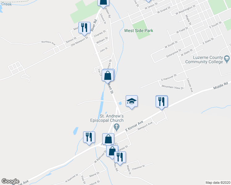 map of restaurants, bars, coffee shops, grocery stores, and more near Logan Street in Nanticoke