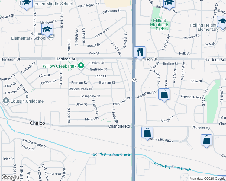 map of restaurants, bars, coffee shops, grocery stores, and more near 14606 Josephine Street in Omaha