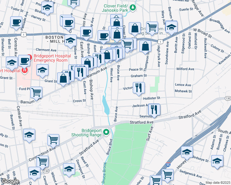map of restaurants, bars, coffee shops, grocery stores, and more near 219 Bruce Avenue in Stratford