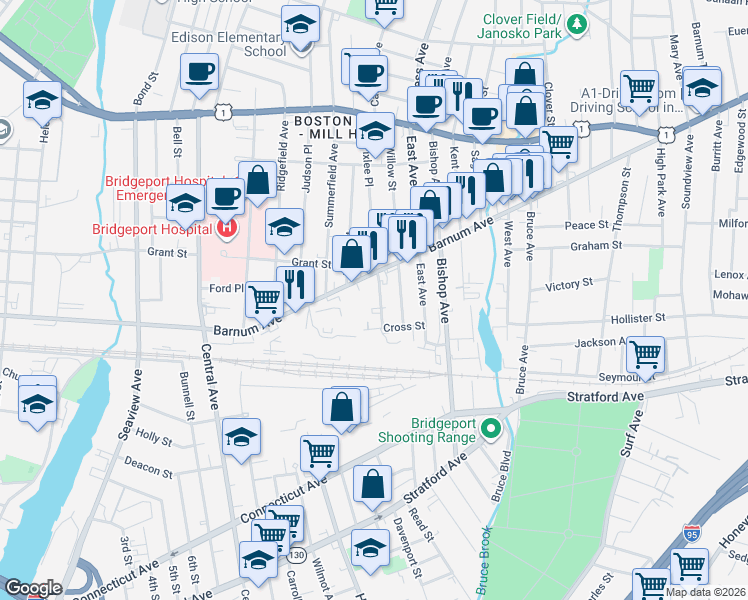 map of restaurants, bars, coffee shops, grocery stores, and more near 75 Elizabeth Street in Bridgeport