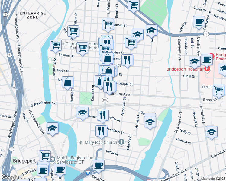 map of restaurants, bars, coffee shops, grocery stores, and more near 524 Barnum Avenue in Bridgeport