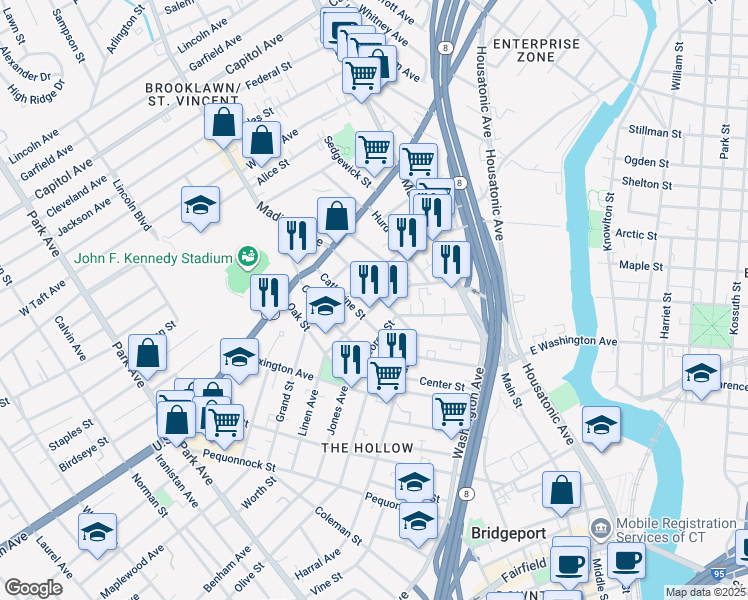 map of restaurants, bars, coffee shops, grocery stores, and more near 228 Frank Street in Bridgeport