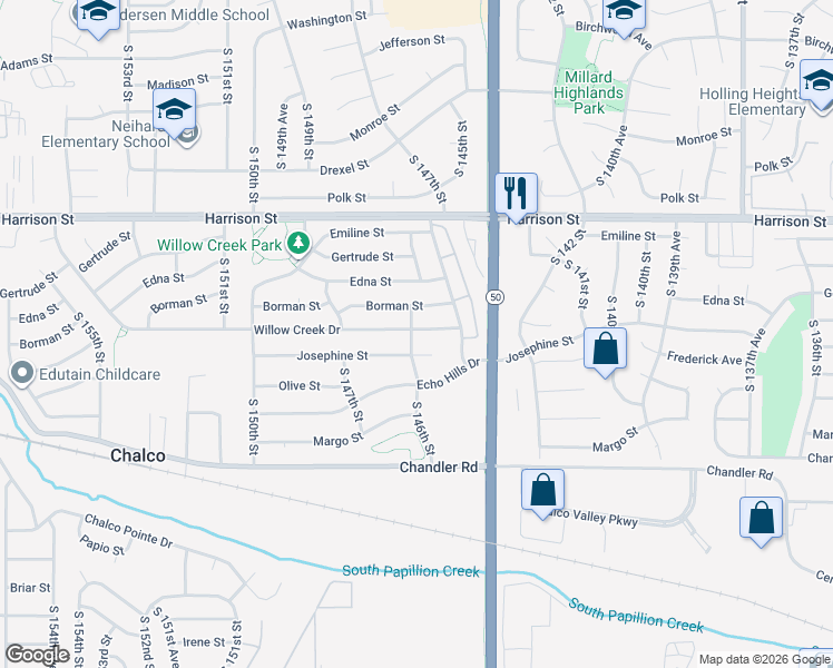 map of restaurants, bars, coffee shops, grocery stores, and more near 14606 Josephine Street in Omaha
