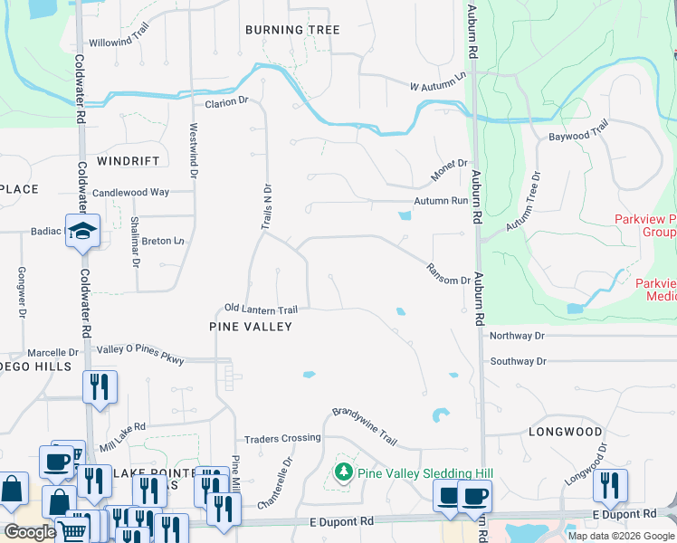 map of restaurants, bars, coffee shops, grocery stores, and more near 11111-11117 Carriage Pl in Fort Wayne