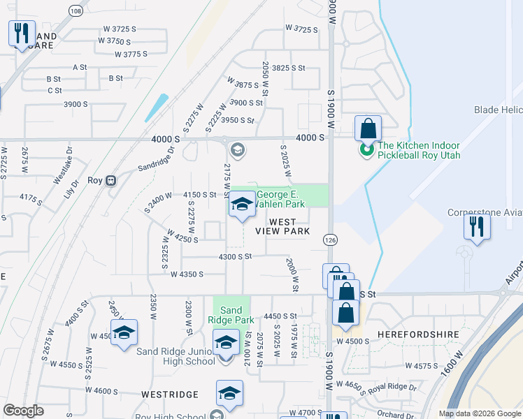 map of restaurants, bars, coffee shops, grocery stores, and more near 4205 2075 West Street in Roy