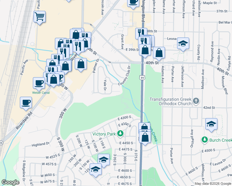 map of restaurants, bars, coffee shops, grocery stores, and more near 3 Gibbs Circle in Ogden